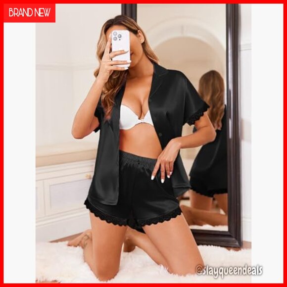 Lace Satin Pajama Set with Button Down Top and Pockets - Picture 5 of 7